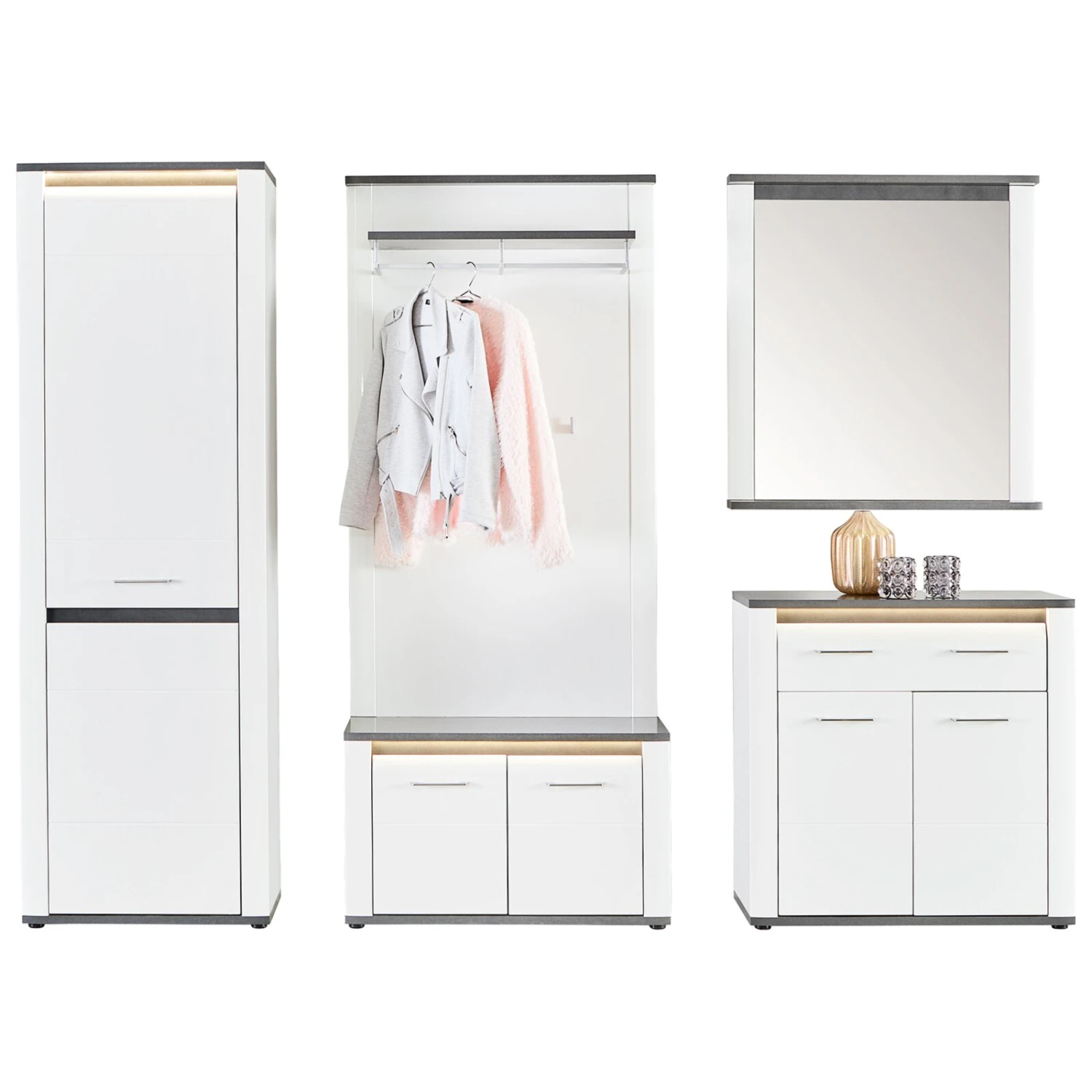 Luca Bessoni 5-teiliges Garderoben-Set ALASSIO - weiß Hochglanz - Matera dunkel